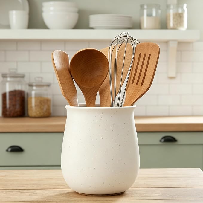 Utensil Holder for Kitchen Counter, Modern Nordic Boho Style Cooking Utensil Holder and Crock Home Kitchen Decor, Ceramic Utensil Organizer for Spatula, Ladle, Eggbeater, Rolling Pin- White