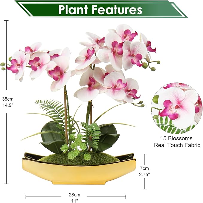 Briful Orchids Artificial Flowers 15" Light Pink Phalaenopsis Orchid with Gold Pots Real Touch Faux Orchid Plant for Home Office Living Room Table Shelf Decor
