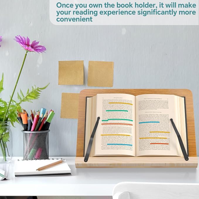 Book Stand,8 Adjustable Height Holder Tray with Elastic Page Paper Clips for Textbook/Cookbook/Music Scores/Tablet,Lightweight Reading Hands Free Desktop Document Book Mount,Bamboo Reading Holder