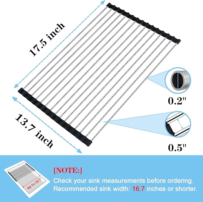 Seropy Roll Up Dish Drying Rack Over The Sink Drying Rack for Kitchen Counter, Folding Dish Rack Over Sink Mat, Stainless Steel Dish Drainer Rack Kitchen Sink Organizer Accessories 17.5"x13.7"