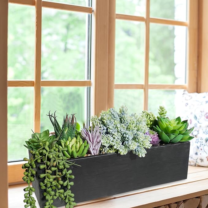 Winlyn 14" Artificial Succulent Plants Arrangement Assorted Faux Succulents in Rustic Black Rectangular Wooden Planter Box Faux Potted Plant Decor for Farmhouse Home Windowsill Shelf Table Centerpiece