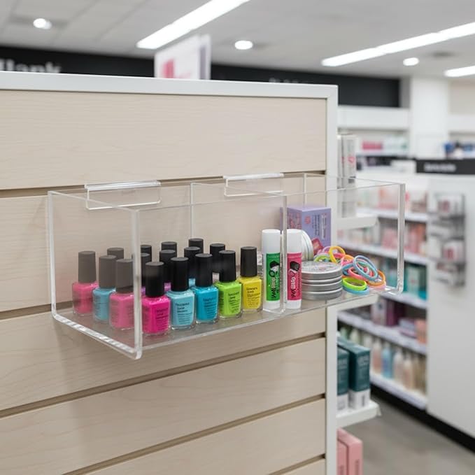 Clear Acrylic Slatwall Tray 8" Wide 2 Compartment Hanging Retail Display Bin for Small Merchandise Candies Beauty Supplies by Marketing Holders