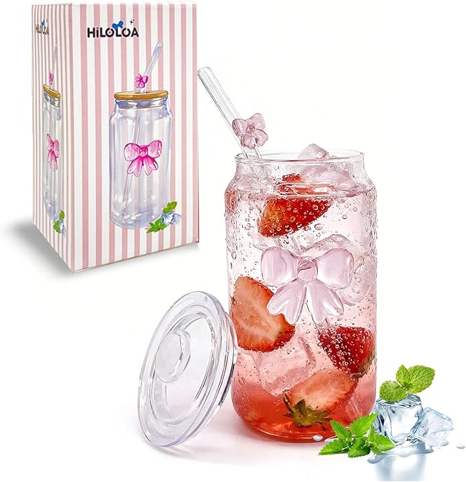 Aesthetic 3D Pink Bow Glass Cup with Plastic Lid & Straw,16OZ Bows Glass Coffee Cups,Bow Tumbler for Iced Matcha, with１Cleaning Brush, Girly Preppy Stuff/Glassware Birthday Valentine's day Gifts