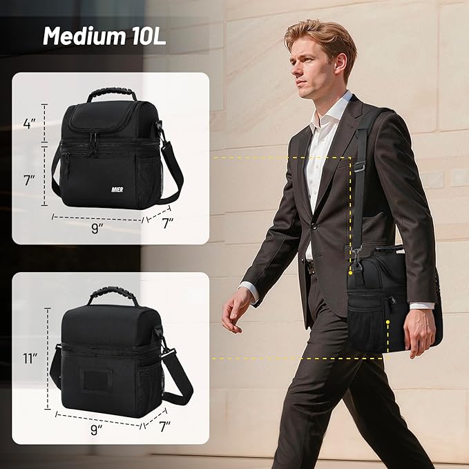 MIER Insulated Lunch Box Dual Compartment Lunch Bag Leakproof Cooler for Men Women Adult Work, Black, Medium (Upgraded Extra-Tall Bottom Layer)