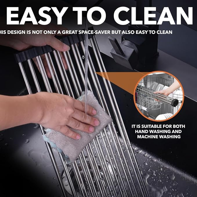 Roll-Up Dish Drying Rack 21"(L) x 16"(W) - Foldable Multipurpose Heat Resistant Large Stainless Steel Kitchen Rollup Dish Drainer Over Sink Mat - Silicone Coated Rims