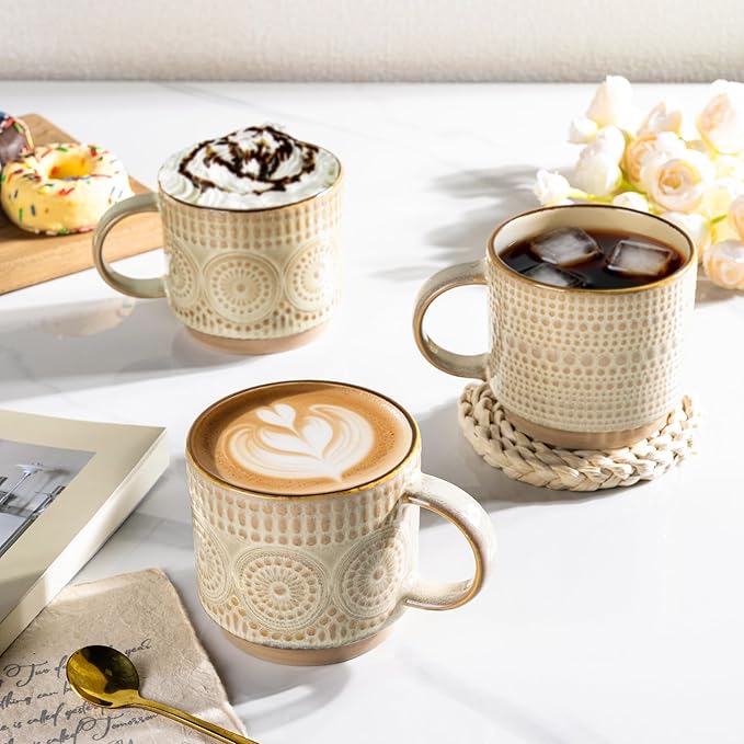 GBhome 16OZ Stackable Coffee Mugs, Ceramic Coffee Mugs with Texture Patterns for Man,Woman,Dad,Mom, Modern Coffee Mugs Set of 4 for Latte/Cappuccino/Cocoa. Dishwasher&Microwave Safe