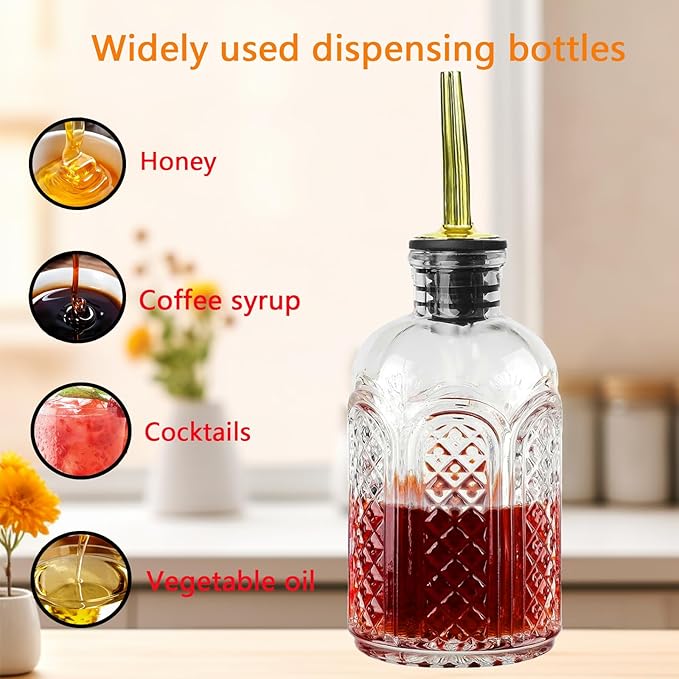Aimery Coffee Syrup Dispenser Bottles Set - 3 Pack Simple Syrup Bottles with Metal Pour Spout and Dust Caps,For Syrups,Honey,Olive Oil,Condiments,Syrup Dispenser for Coffee Bar with Labels