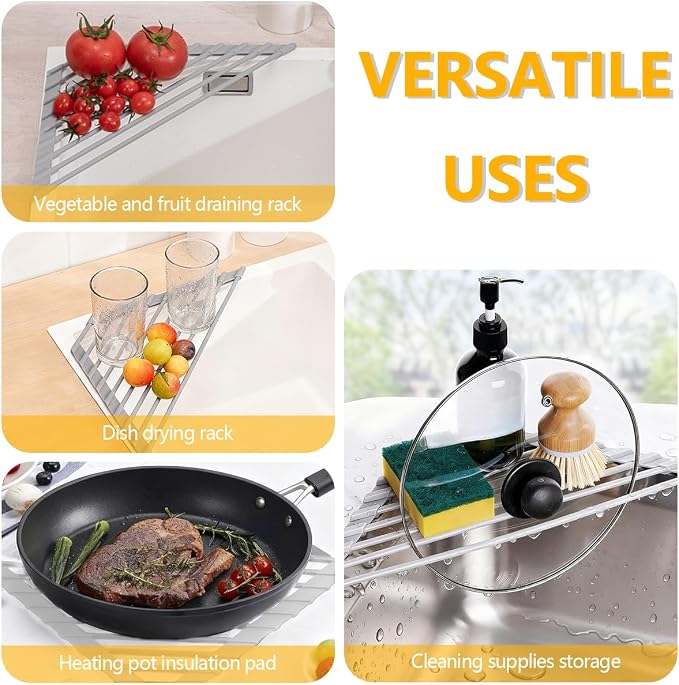 Credon Triangle Roll Up Dish Drying Rack Over The Sink, Triangular Sink Rack, Sink Corner Foldable Silicone Coated Stainless, Anti-Slip Organizer for Kitchen, Heat-Resistant, Non-Slip (Grey)