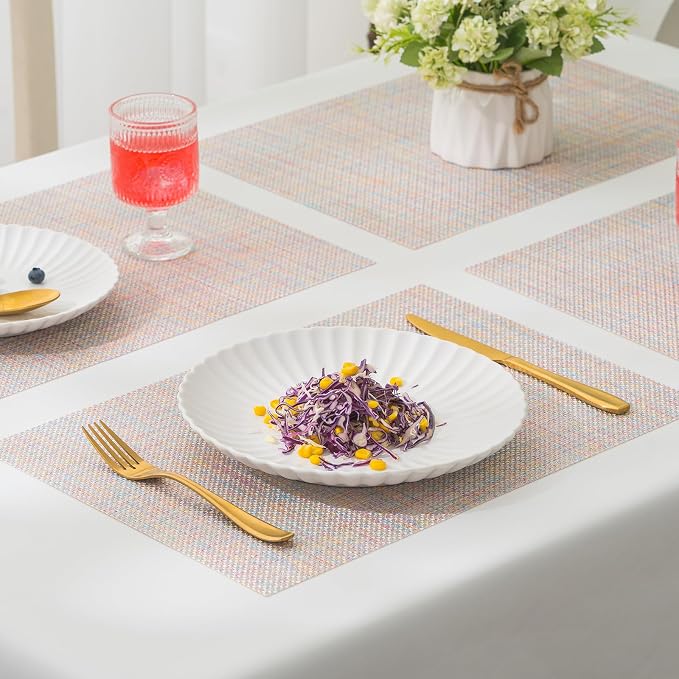 BACKTOEDEN Placemats Set of 6 Heat Resistant Washable Wipeable Placemat Woven Non-Slip Foldable Vinyl/Plastic Place Mats Indoor/Outdoor Mat Kitchen Dining Table Pad, Bright Silk Colorful