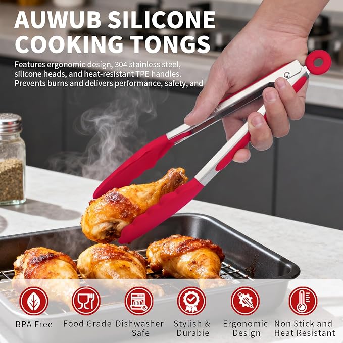 Salad Tongs, 16 Inch Silicone Food Tongs with 304 Stainless Steel Core & Non-Slip Grip in Red Color