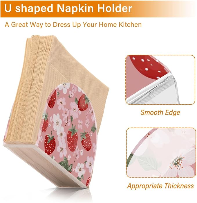 Napkin Holder Acrylic Napkin Holder for Table Kitchen Party Restaurant U Shaped Upright Napkin Dispenser Organizer Pink Blossoms and Strawberries