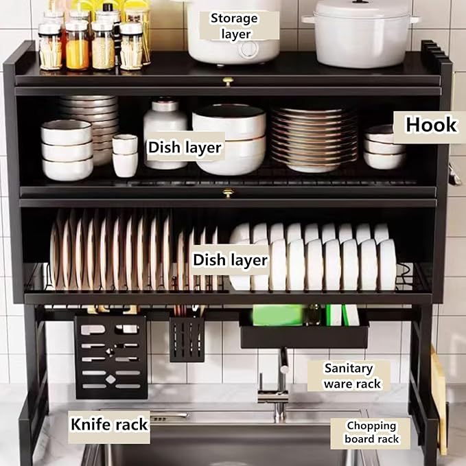 Over The Sink Dish Drying Rack, 3-Tier Stainless Steel with Cover & Knife Holder, Space-Saving Drain Rack for Kitchen Sink, Organizer for Dishes, Glasses, Bowls, Cutlery(White,65cm/25.6in)