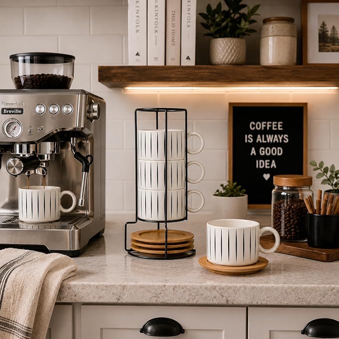 LUKA 6 Ounce Porcelain Stackable Espresso Cups with Saucers and Metal Stand Set of 4, Ceramic Cappuccino Cups Set for Specialty Coffee Drinks, Latte, Cafe Mocha and Tea, Stripes, White
