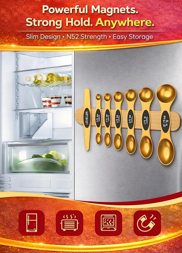 Magnetic Measuring Spoons Set with Strong N45 Magnets, Heavy Duty Stainless Steel Metal, Fits in Most Kitchen Spice Jars for Baking & Cooking, BPA Free, Multicolor, Set of 8 with Leveler(Gold)