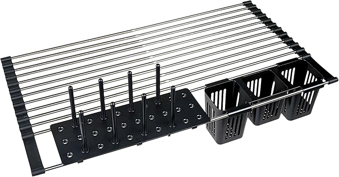 South Bend Components 12-23” Folding Dish Rack, Over Sink Drainer Mat, Stainless Steel Dish Drainer RackRustproof, Anti-Slip, Space Saving, Water Drainer Glass Stand, Plastic Bottle Stand