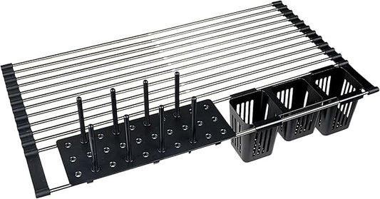 South Bend Components 12-23” Folding Dish Rack, Over Sink Drainer Mat, Stainless Steel Dish Drainer RackRustproof, Anti-Slip, Space Saving, Water Drainer Glass Stand, Plastic Bottle Stand