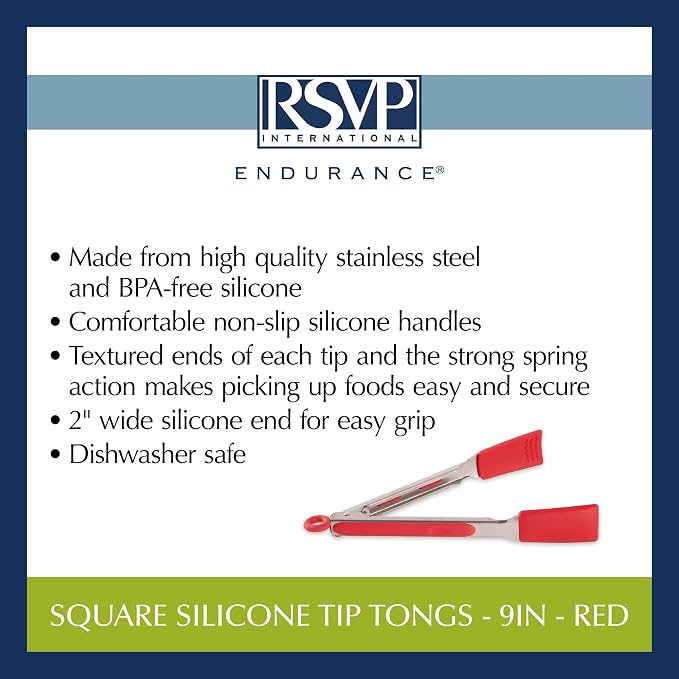 RSVP International Endurance Kitchen Utensil Collection Stainless Steel Locking Tongs for Cooking, 10.75" Length, Square Tip, Red Non-Slip Silicone