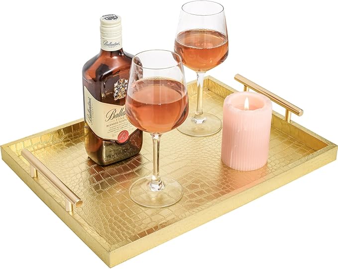 Set of 2 Modern Elegant Large Wood Serving Tray, Rectangle Decorative Tray Ottoman Tay Coffee Table Tray, Gold Crocodile Leather with Gold Polished Metal Handles
