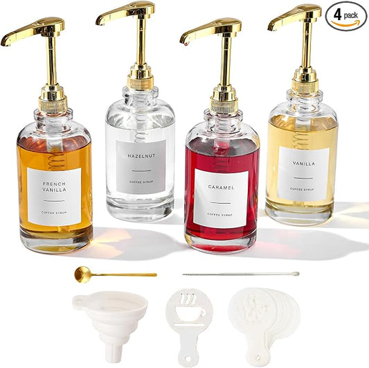 Coffee Syrup Dispenser for Bar, Glass Syrup Bottle with Pump, Coffee Pump Dispenser Bottle, Spoon for Station,16.9 oz, 500 ml