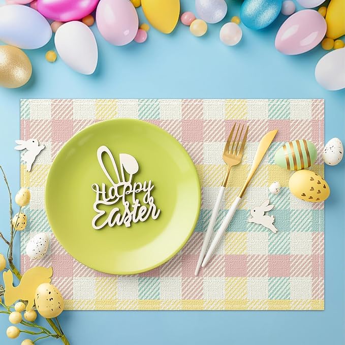 Niviy Buffalo Plaid Blue Pink Yellow Spring Easter Placemats Set of 4, 12x18 Inch Table Mat Easter Placemat Decor for Holiday Party Kitchen Dining Room Decoration