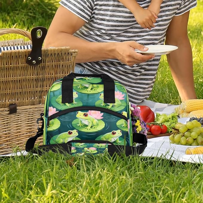 Frog Lotus Pond Pattern Insulated Lunch Bag for Women Men Reusable Lunch Box Cooler Bag Large Leakproof Lunch Tote with Adjustable Shoulder Strap for Adult Work Picnic Camping Beach Office