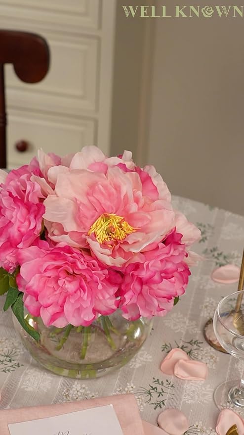 WELL KNOWN Artificial Flowers in Vase, Silk Peonies Bouquet with Faux Water, Fake Peony Pink Flower Arrangement for Home Wedding Birthday Party Dining Table Centerpiece Spring Decor & Mom's Gift