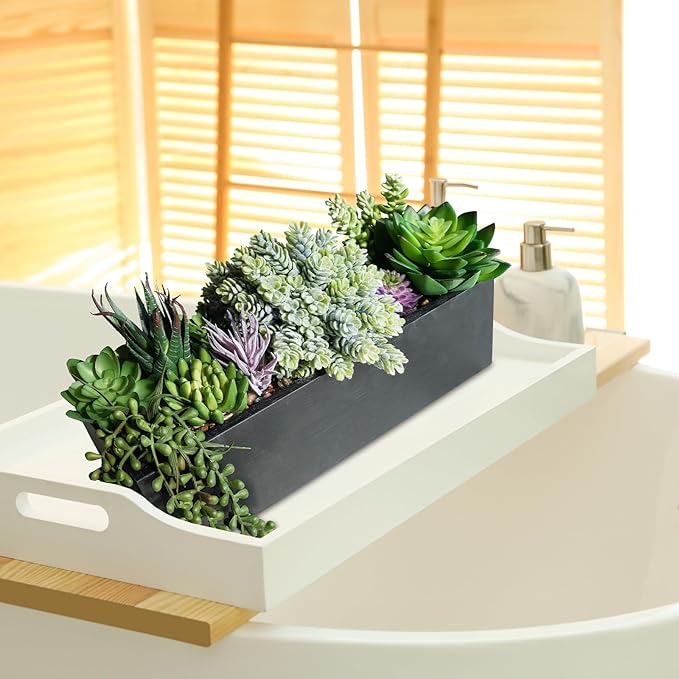 Winlyn 14" Artificial Succulent Plants Arrangement Assorted Faux Succulents in Rustic Black Rectangular Wooden Planter Box Faux Potted Plant Decor for Farmhouse Home Windowsill Shelf Table Centerpiece