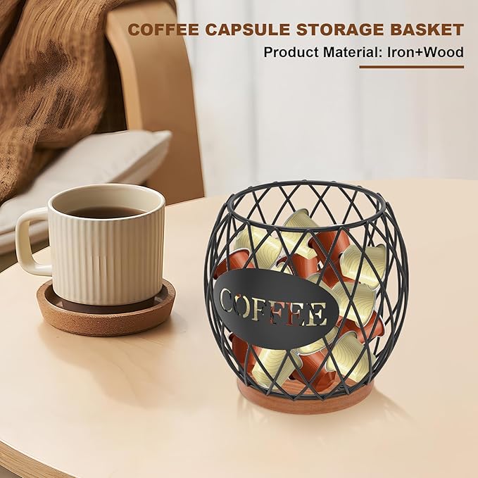 Coffee Pod Holder Organizer, 35Pcs Large Capacity Cup Storage Basket, Coffee Pod Basket for Kitchen Office Desktop, Espresso Pods Storage for Kitchen Counter, Rust Resistant(Black)