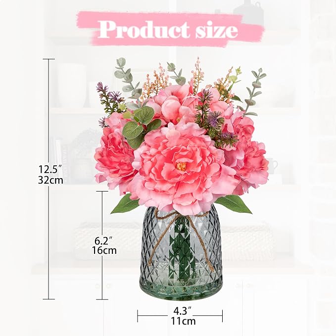 Briful Faux Flowers with Glass Vase Artificial Peony Hydrangea Silk Floral Arrangement Realistic Fake Flowers Bouquet in Vase for Home Office Dining Room Table Centerpiece Mantle Decor(Peach Pink)