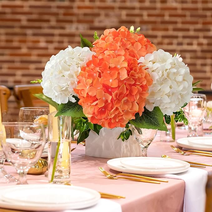 JINWOE 5Pcs 20Inch Orange Artificial Hydrangeas, Full Silk Flower Heads with Stem, Halloween Fake Hydrangea Flowers for Wedding Home Garden Centerpiece Floral Arrangements