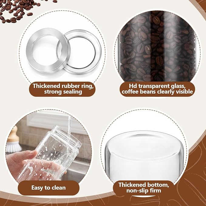 Suclain Glass Coffee Grounds Container with Shelf 2 x 44 oz Glass Coffee Bean Storage Canisters with Airtight Thread Lid and Measuring Spoon for Kitchen Sugar(Modern Style, Stainless Steel)