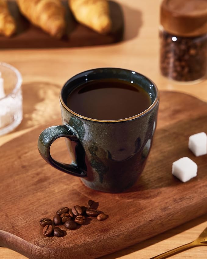 famiware Coffee Mugs Set of 6,Ocean Round 11.5oz Coffee Cup Set with Handle for Cocoa, Milk, Hot Chocolate, Tea or Water, Stoneware Cups for Kitchen, Microwave Dishwasher Safe, Deep Forest