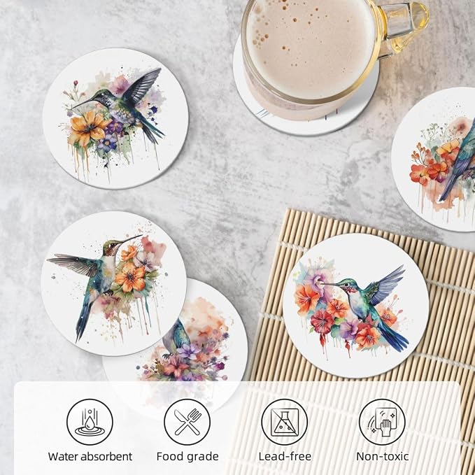 Drink Coasters for Drinks Set of 6, Watercolor Hummingbird Absorbent Round Ceramic Stone Mat, with Cork Base and Metal Holder, Home Bar Decor House Warming Gift