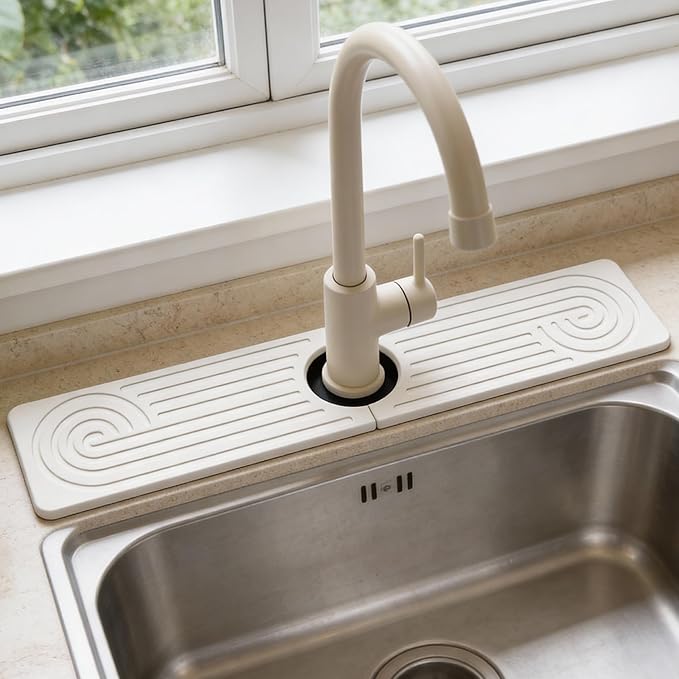 Hopegiver Stone Faucet Mat for Kitchen Sink - Fast Drying Diatomite Sink Protector Prevent Moisture, Super Water Absorbing Stone Tray for Kitchen & Bathroom Counter (White, 19.7"x3.9")