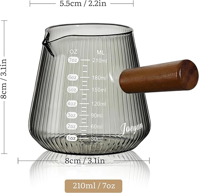 Joeyan Espresso Measuring Cup, 7oz Gray Espresso Shot Cups with Handle, Double Scale Glass Measuring Cup with Spout, Ribbed Milk Frothing Pitcher, Espresso Machine Coffee Bar Accessories