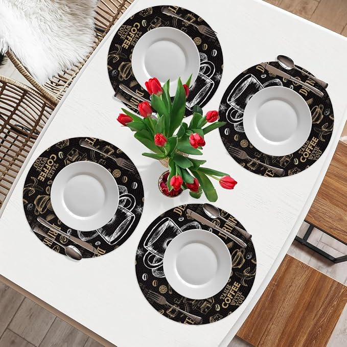 Round Placemats Set of 6, Black Coffee Pattern Woven Placemats Mats Non-Slip Heat Resistant Washable Table Mats Round Braided Place for Farmhouse Kitchen Dining Party Decor 15in