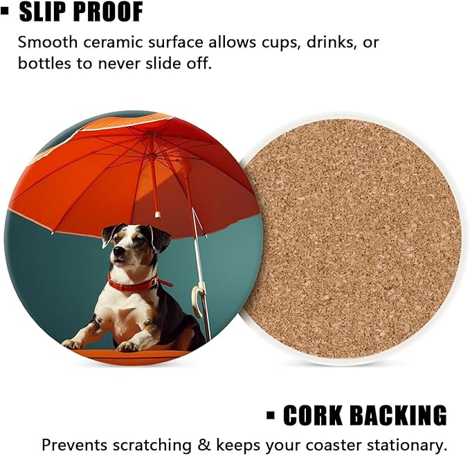 Summer Dog Sun Bathing Pattern Set of 4 Ceramic Coasters with Holder,Absorbent Drink Bar Coasters,Table Coasters