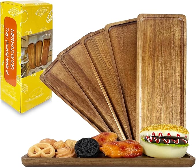Set of 5 Acacia Wooden Trays 11.41×4.1inch Small Serving Tray Wood Rectangular PlateKitchen Fruit Salad Cheese Coffee Appetizer Decorative Platter Bathroom Countertop Bench Tray (Rectangular 5Pcs)