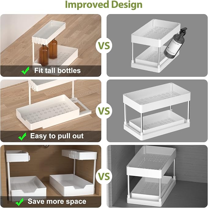 Under Sink Organizers and Storage, L-Shape Kitchen Bathroom Organization, 2-Tier Sliding Storage Under Bathroom Kitchen Sink Cabinet Organizer Shelf Pull Out 2 Pack (White)