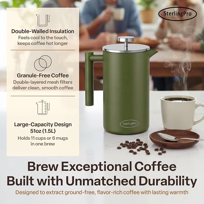 SterlingPro Non-Toxic Large Insulated Stainless Steel French Press Coffee Maker 51oz Capacity (44 oz Brew Yield) – Double Wall Metal Coffee Press | Cool-Touch | Green Finish | 12 Cups / 6 Mugs