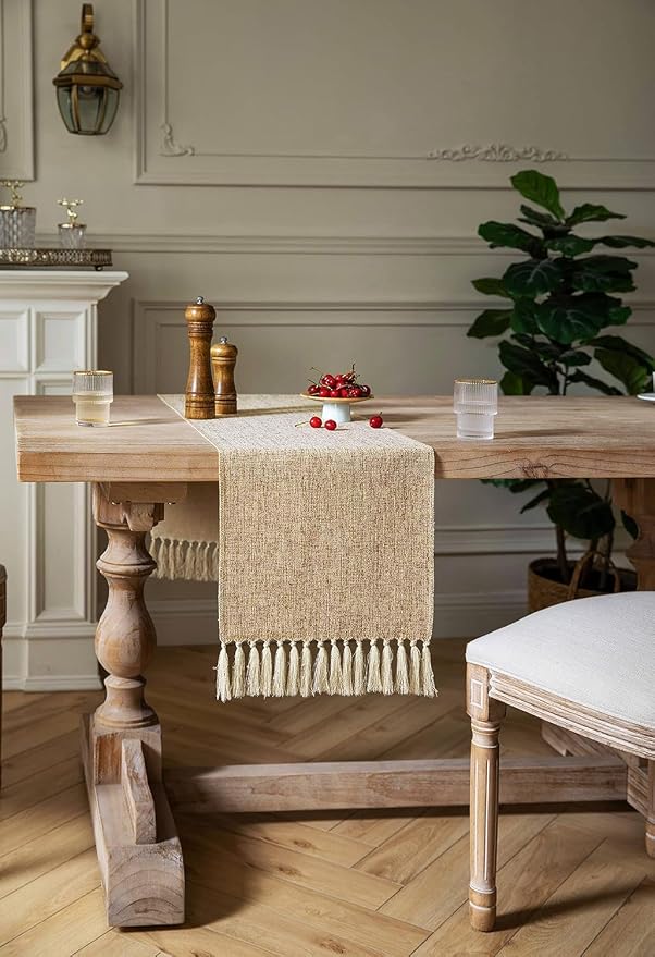 ZeeMart Beige Table Runners 72 Inches Long, Burlap Linen Style Rustic Farmhouse Table Runner, Boho Woven Dining Table Runner, 13x72 Inches, Oatmeal Beige