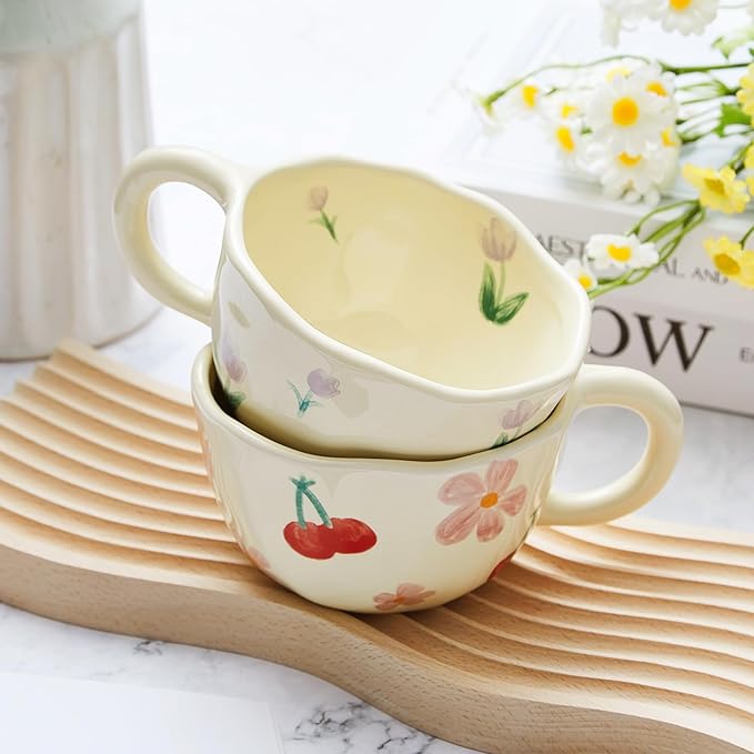 Vesici 2 Pcs Ceramic Coffee Mugs with Spoon, Vintage Floral Spring Mugs with Handle, 8.5 oz Aesthetic Flower Porcelain Tea Cup Set, Dishwasher & Microwave Safe Mothers Day Gifts for Mom(Cute)