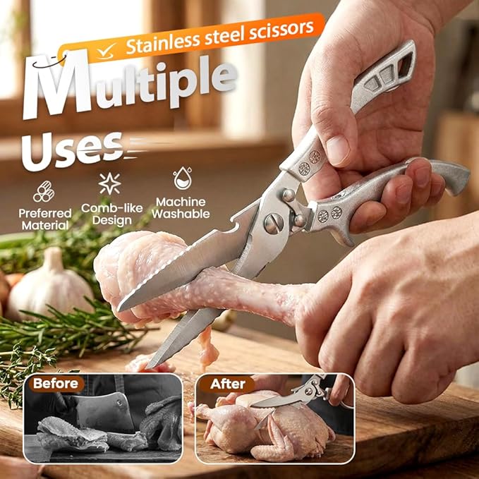 Heavy Duty Kitchen Scissors for Food, 2026 New Stainless Steel Bone Cut Kitchen Scissors Poultry Shears, Multi-Purpose Kitchen Shears for Meat Chicken Bone Fish Turkey Vegetables Seafood (2pcs)