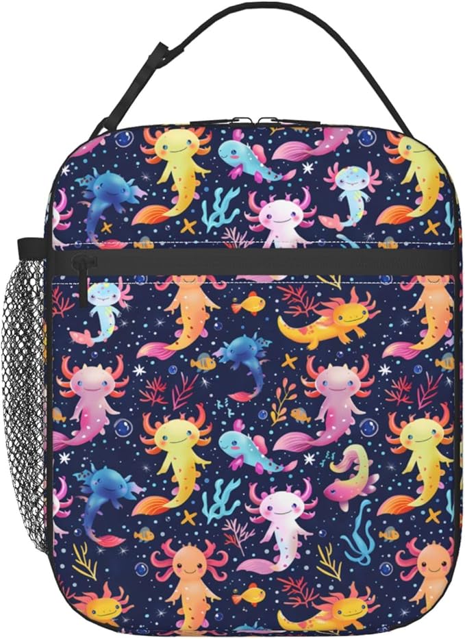 Reusable Axolotl Lunch Box for Kids Girls Boys Women Adult, Insulated Coral Reef Lunch Bag,Polyester Cooler Cute Handbags Case for School Picnic Work Travel Beach or Hiking (Dark Blue)