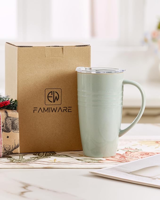 famiware Jupiter Large Coffee Mug, 20oz Coffee Mug with Lid, Ceramic Cup with Handle for Latte, Tea, Cocoa, Milk, Home & Office, Microwave and Dishwasher Safe, Light Green