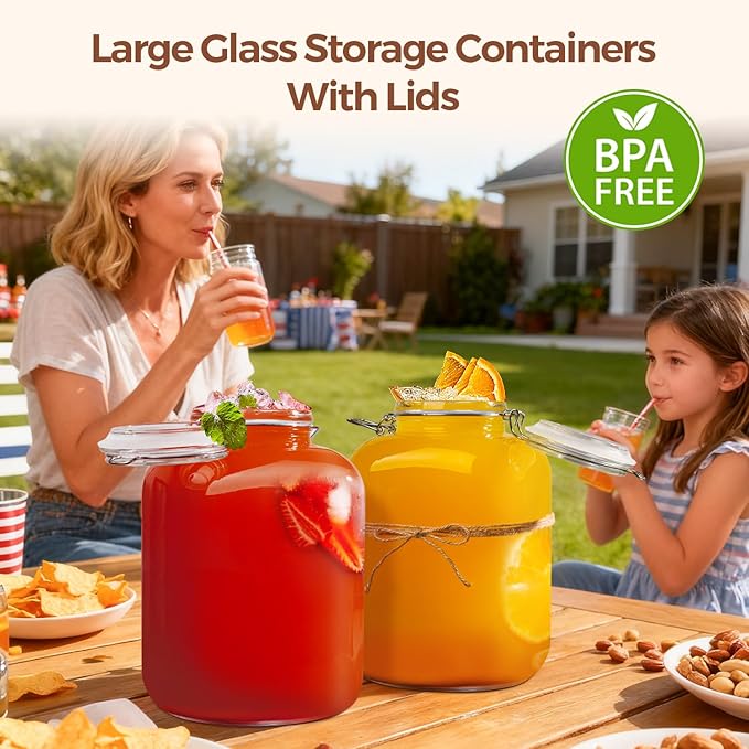 ComSaf 1.1 Gallon (4L) Square Glass Jars 2-Pack - Large Airtight Food Storage Canisters with Clamp Lids for Bulk Flour, Rice, Sugar, Coffee Beans, Fermentation, Pickling, Farmhouse Pantry Organization
