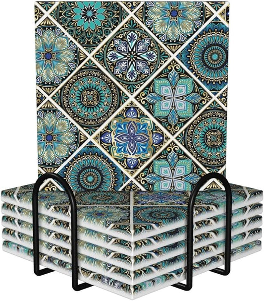 Blue Teal/Turquoise Mexican Tile Square Ceramic Coasters Set of 6 Pack, Green Bohemia Mandala Art Tiles Stone Drink Coaster with Cup Holder Anti-Scratc Cork Backing Bar Kitchen Home Housewarming Gift