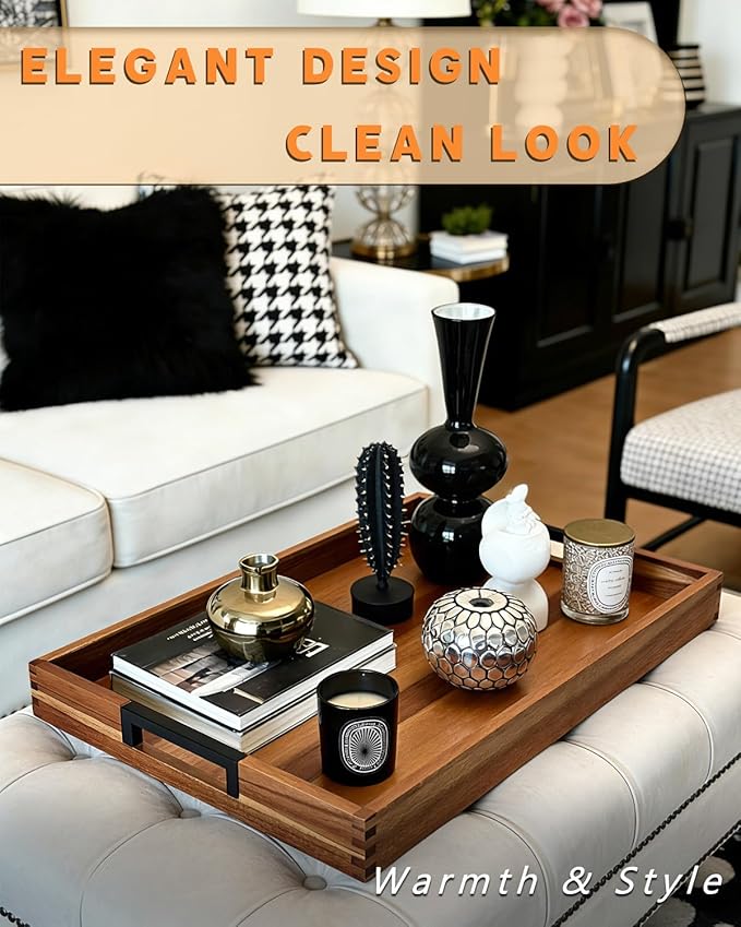 22" x 15.75" Acacia Wood Serving Tray with Metal Handles, Extra Large Wooden Rectangular Ottoman Tray for Living Room, Ottoman Coffee Table, Coffee Station