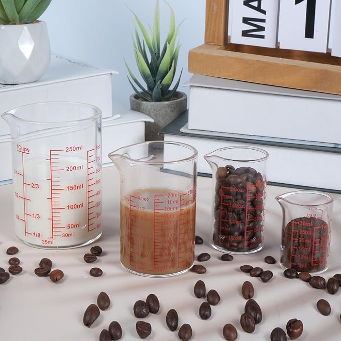 Measuring Cup Set 30ml L(1oz), 60ml (2oz), 120ml (4oz), 250ml (8oz), 4 Piece Glass Liquid Measuring Beakers, High Borosilicate Glass Measuring Cup, V-Shaped Spout