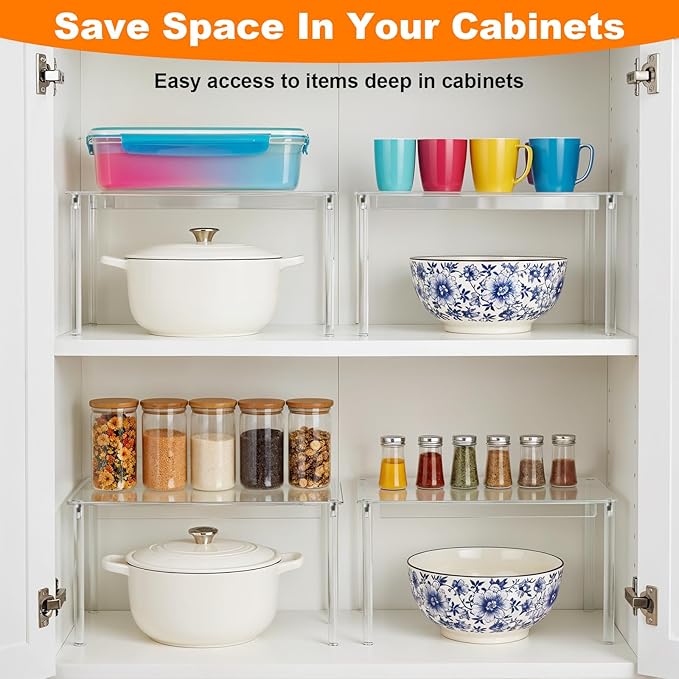 4 Pcs Clear Acrylic Cabinet Organizer Shelves, Stackable Spice Rack & Shelf Riser for Kitchen Pantry, Countertop, Bathroom, Desk & Cupboard Storage, Versatile Display Organizer for Makeup